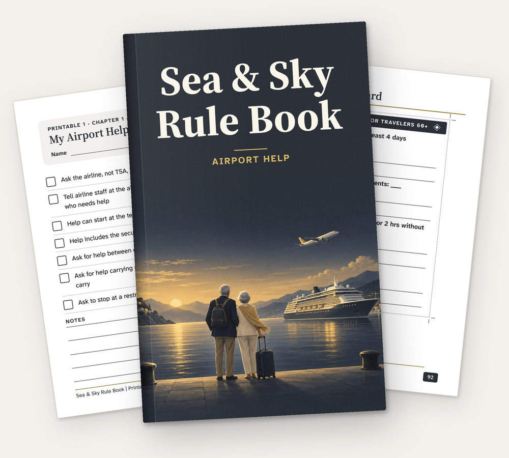 The cover of The Sea & Sky Rule Book for Travelers 60+, with two of its printable pages